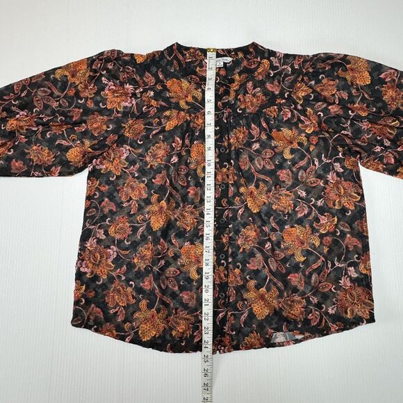 Ophelia Roe Semi Sheer Floral Blouse Women’s M Black Orange Button Front - Picture 9 of 9